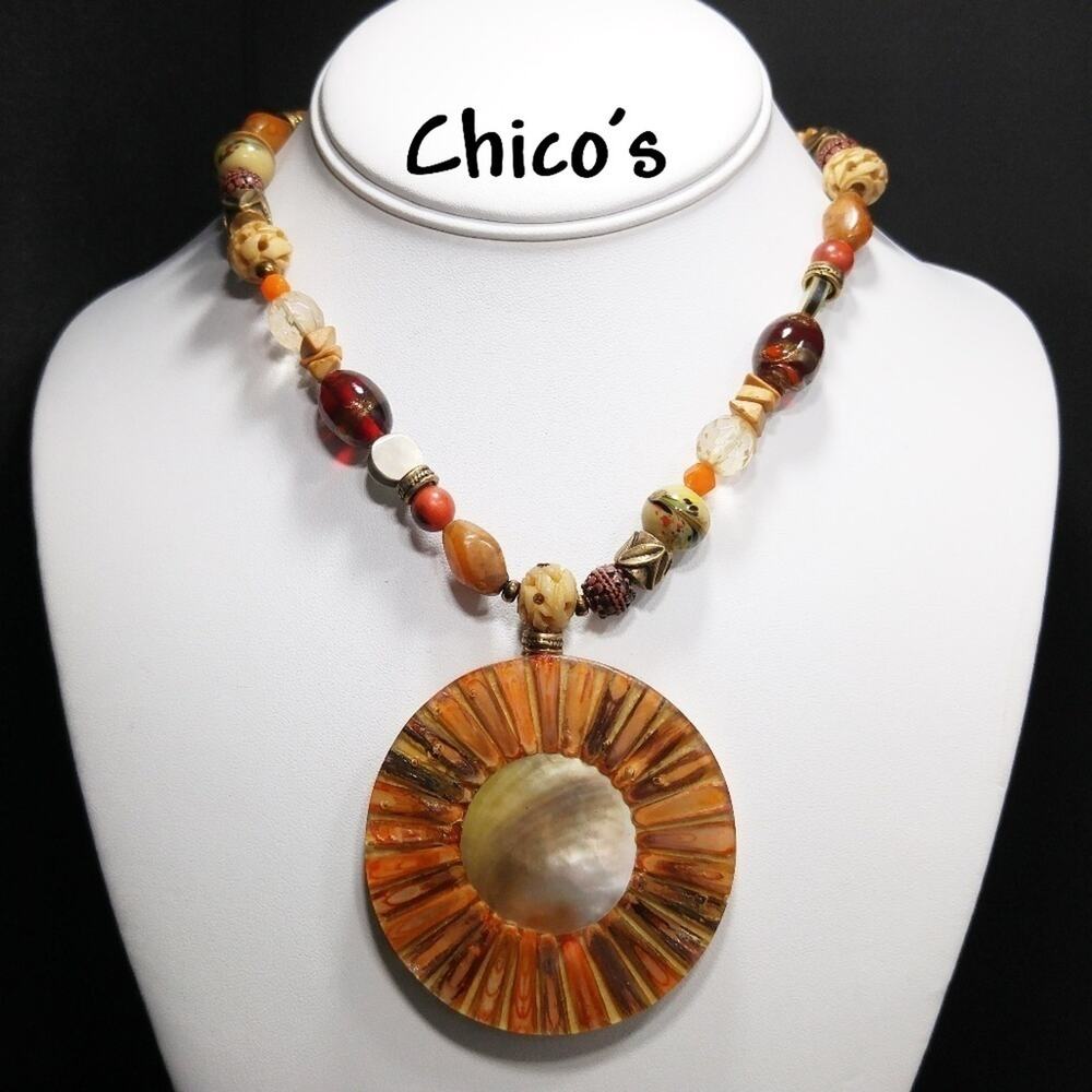 Chico's Mother of Pearl Pendant Necklace:  Art Beads & Glitter Glass Beads, 20"